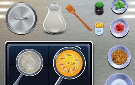Image of a screen capture from the app: illustrations of plates and food related items.